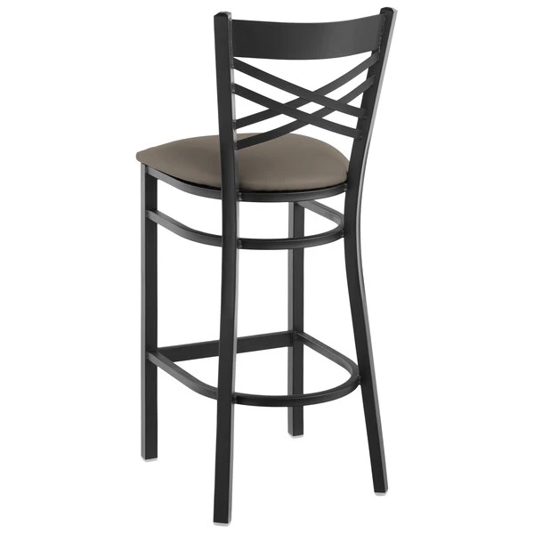 Lancaster Table & Seating Black Finish Cross Back Bar Stool With 2 1/2" Taupe Vinyl Padded Seat 3 Lancaster Table & Seating Black Finish Cross Back Bar Stool With 2 1/2" Taupe Vinyl Padded Seat - Image 3