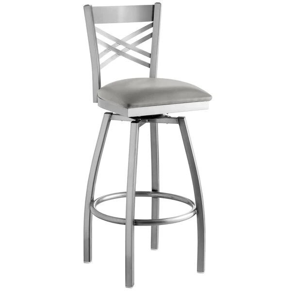 Lancaster Table & Seating Clear Coat Finish Cross Back Swivel Bar Stool With 2 1/2" Light Gray Vinyl Padded Seat 2 Lancaster Table & Seating Clear Coat Finish Cross Back Swivel Bar Stool With 2 1/2" Light Gray Vinyl Padded Seat - Image 2