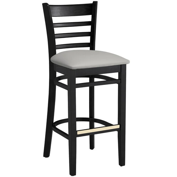 Lancaster Table & Seating Black Finish Wooden Ladder Back Bar Height Chair With Light Gray Padded Seat 2 Lancaster Table & Seating Black Finish Wooden Ladder Back Bar Height Chair With Light Gray Padded Seat - Image 2
