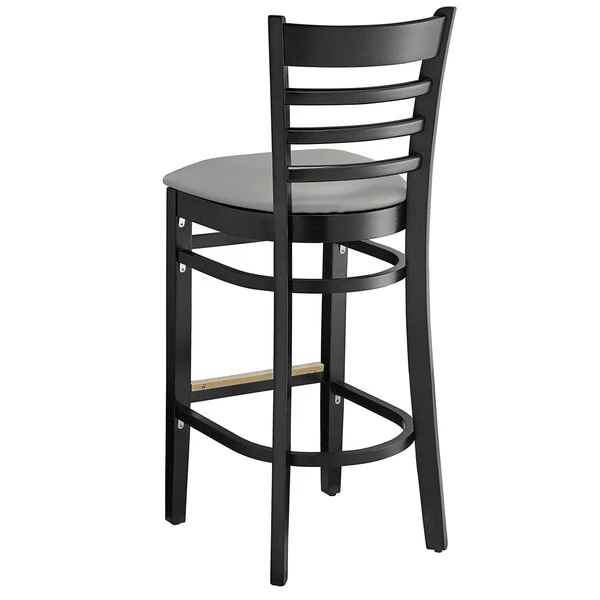 Lancaster Table & Seating Black Finish Wooden Ladder Back Bar Height Chair With Light Gray Padded Seat 3 Lancaster Table & Seating Black Finish Wooden Ladder Back Bar Height Chair With Light Gray Padded Seat - Image 3