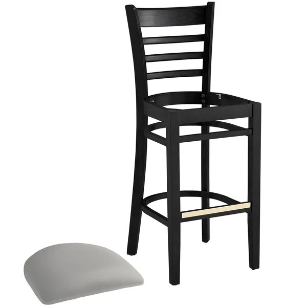 Lancaster Table & Seating Black Finish Wooden Ladder Back Bar Height Chair With Light Gray Padded Seat 4 Lancaster Table & Seating Black Finish Wooden Ladder Back Bar Height Chair With Light Gray Padded Seat - Image 4