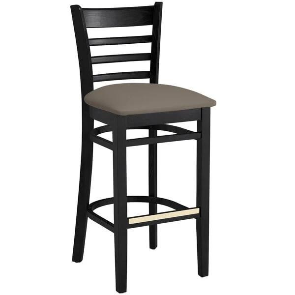 Lancaster Table & Seating Black Finish Wooden Ladder Back Bar Height Chair With Taupe Padded Seat 2 Lancaster Table & Seating Black Finish Wooden Ladder Back Bar Height Chair With Taupe Padded Seat - Image 2