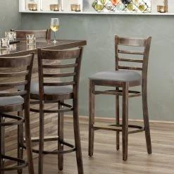 Lancaster Table & Seating Vintage Finish Wooden Ladder Back Bar Height Chair With Light Gray Padded Seat