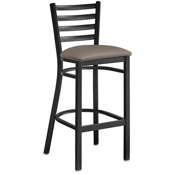 Lancaster Table & Seating Black Finish Ladder Back Bar Stool With 2 1/2" Taupe Vinyl Padded Seat 2 Lancaster Table & Seating Black Finish Ladder Back Bar Stool With 2 1/2" Taupe Vinyl Padded Seat - Image 2