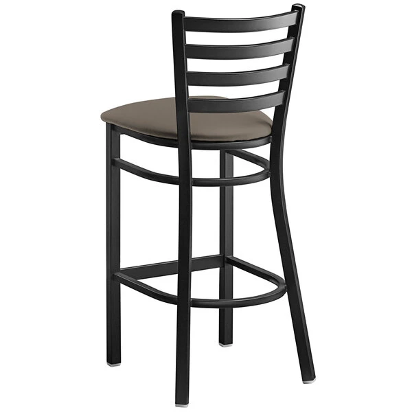 Lancaster Table & Seating Black Finish Ladder Back Bar Stool With 2 1/2" Taupe Vinyl Padded Seat 3 Lancaster Table & Seating Black Finish Ladder Back Bar Stool With 2 1/2" Taupe Vinyl Padded Seat - Image 3
