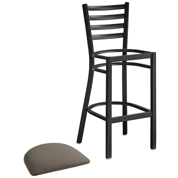 Lancaster Table & Seating Black Finish Ladder Back Bar Stool With 2 1/2" Taupe Vinyl Padded Seat 4 Lancaster Table & Seating Black Finish Ladder Back Bar Stool With 2 1/2" Taupe Vinyl Padded Seat - Image 4