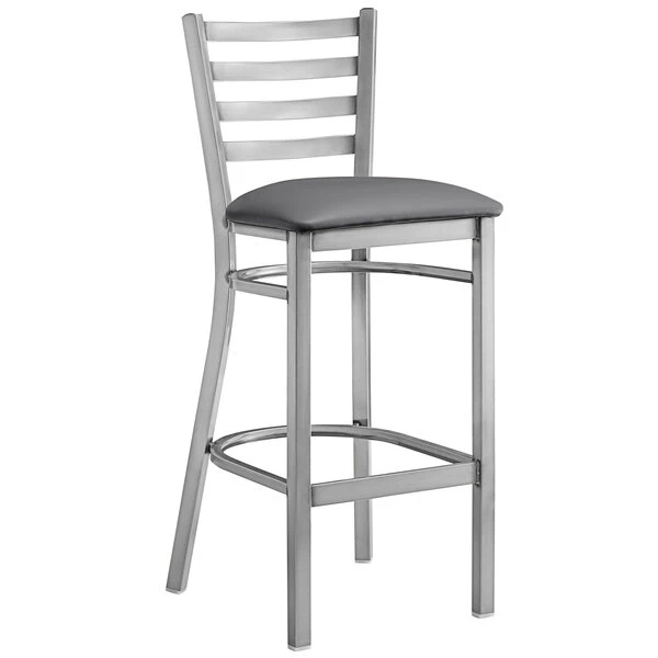 Lancaster Table & Seating Clear Coat Finish Ladder Back Bar Stool With 2 1/2" Dark Gray Vinyl Padded Seat 2 Lancaster Table & Seating Clear Coat Finish Ladder Back Bar Stool With 2 1/2" Dark Gray Vinyl Padded Seat - Image 2