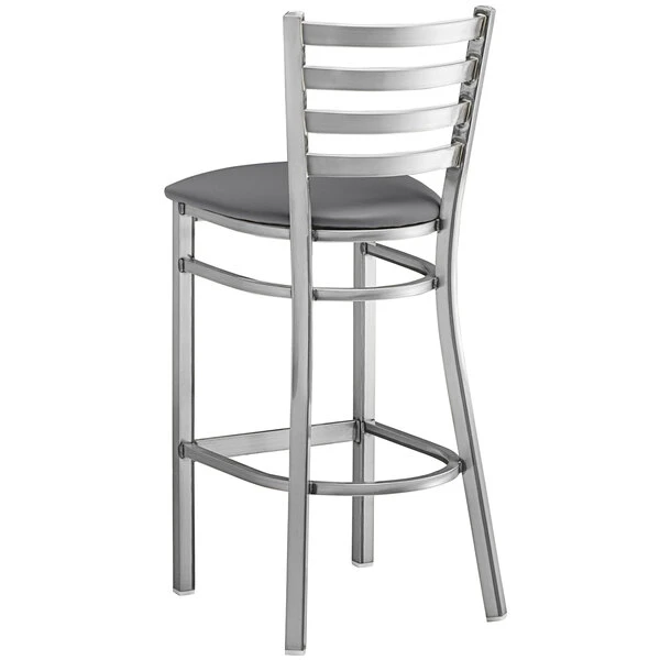 Lancaster Table & Seating Clear Coat Finish Ladder Back Bar Stool With 2 1/2" Dark Gray Vinyl Padded Seat 3 Lancaster Table & Seating Clear Coat Finish Ladder Back Bar Stool With 2 1/2" Dark Gray Vinyl Padded Seat - Image 3