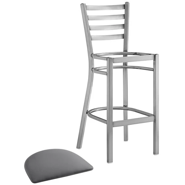 Lancaster Table & Seating Clear Coat Finish Ladder Back Bar Stool With 2 1/2" Dark Gray Vinyl Padded Seat 4 Lancaster Table & Seating Clear Coat Finish Ladder Back Bar Stool With 2 1/2" Dark Gray Vinyl Padded Seat - Image 4
