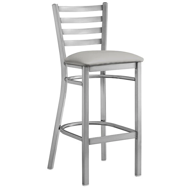Lancaster Table & Seating Clear Coat Finish Ladder Back Bar Stool With 2 1/2" Light Gray Vinyl Padded Seat 2 Lancaster Table & Seating Clear Coat Finish Ladder Back Bar Stool With 2 1/2" Light Gray Vinyl Padded Seat - Image 2
