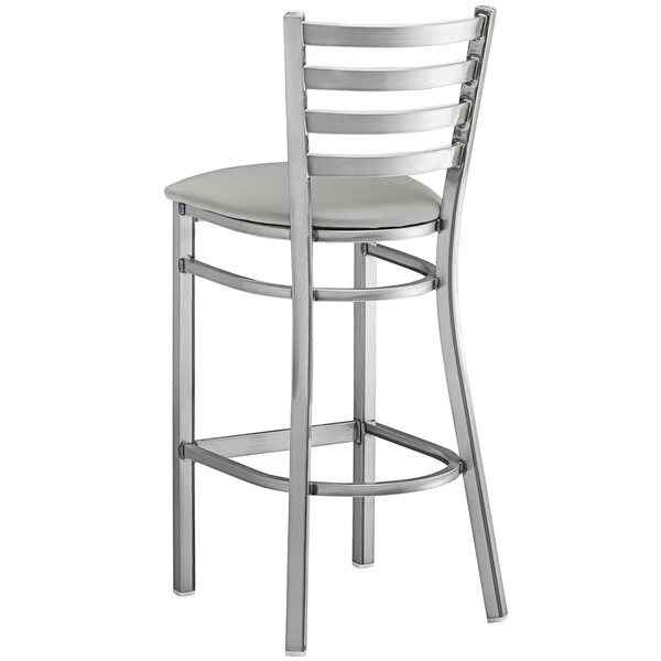 Lancaster Table & Seating Clear Coat Finish Ladder Back Bar Stool With 2 1/2" Light Gray Vinyl Padded Seat 3 Lancaster Table & Seating Clear Coat Finish Ladder Back Bar Stool With 2 1/2" Light Gray Vinyl Padded Seat - Image 3