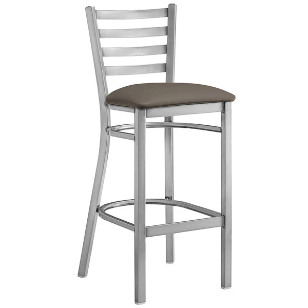 Lancaster Table & Seating Clear Coat Finish Ladder Back Bar Stool With 2 1/2" Taupe Vinyl Padded Seat 2 Lancaster Table & Seating Clear Coat Finish Ladder Back Bar Stool With 2 1/2" Taupe Vinyl Padded Seat - Image 2