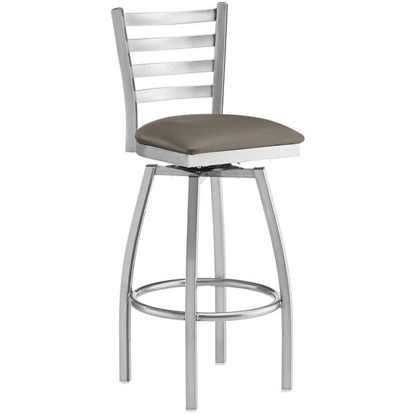 Lancaster Table & Seating Clear Coat Finish Ladder Back Swivel Bar Stool With 2 1/2" Taupe Vinyl Padded Seat 2 Lancaster Table & Seating Clear Coat Finish Ladder Back Swivel Bar Stool With 2 1/2" Taupe Vinyl Padded Seat - Image 2