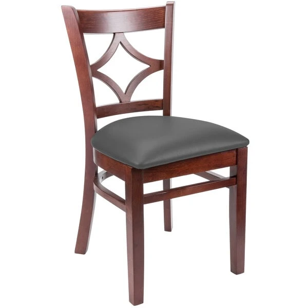 Lancaster Table & Seating Mahogany Finish Wooden Diamond Back Chair With Dark Gray Padded Seat 2 Lancaster Table & Seating Mahogany Finish Wooden Diamond Back Chair With Dark Gray Padded Seat - Image 2