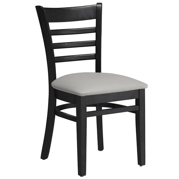 Lancaster Table & Seating Black Finish Wooden Ladder Back Chair With Light Gray Padded Seat 2 Lancaster Table & Seating Black Finish Wooden Ladder Back Chair With Light Gray Padded Seat - Image 2