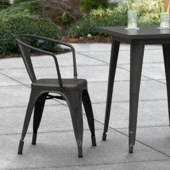 LT&S Alloy Series Lancaster Table & Seating Alloy Series Black Metal Indoor / Outdoor Industrial Cafe Arm Chair