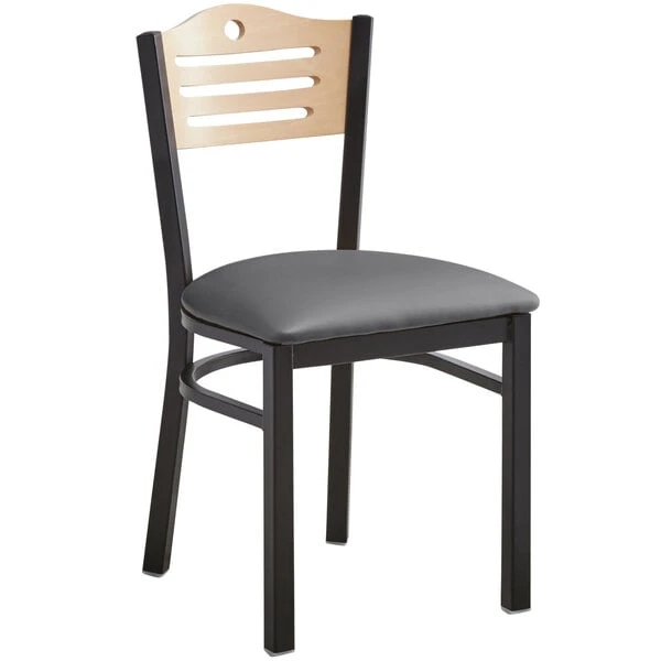 Lancaster Table & Seating Natural Finish Bistro Dining Chair With 2 1/2" Dark Gray Vinyl Padded Seat - Detached Seat 2 Lancaster Table & Seating Natural Finish Bistro Dining Chair With 2 1/2" Dark Gray Vinyl Padded Seat - Detached Seat - Image 2