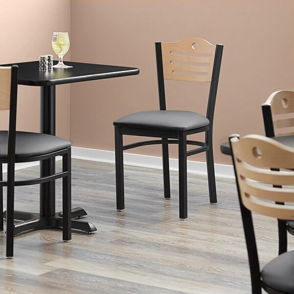 Lancaster Table & Seating Natural Finish Bistro Dining Chair With 2 1/2" Dark Gray Vinyl Padded Seat - Detached Seat 1 Lancaster Table & Seating Natural Finish Bistro Dining Chair With 2 1/2" Dark Gray Vinyl Padded Seat - Detached Seat