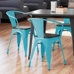 LT&S Alloy Series Lancaster Table & Seating Alloy Series Arctic Blue Metal Indoor Industrial Cafe Arm Chair With Vertical Slat Back And Black Wood Seat