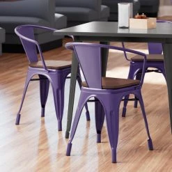LT&S Alloy Series Lancaster Table & Seating Alloy Series Purple Metal Indoor Industrial Cafe Arm Chair With Walnut Wood Seat