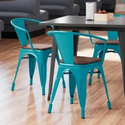 LT&S Alloy Series Lancaster Table & Seating Alloy Series Teal Metal Indoor Industrial Cafe Arm Chair With Walnut Wood Seat