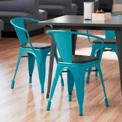 LT&S Alloy Series Lancaster Table & Seating Alloy Series Teal Metal Indoor Industrial Cafe Arm Chair With Black Wood Seat