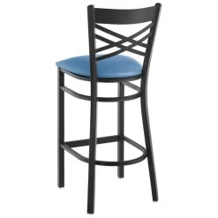 Lancaster Table & Seating Black Finish Cross Back Bar Stool With 2 1/2" Blue Vinyl Padded Seat -Zown Shop 2297009