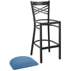 Lancaster Table & Seating Black Finish Cross Back Bar Stool With 2 1/2" Blue Vinyl Padded Seat -Zown Shop 2297010