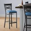 Lancaster Table & Seating Black Finish Cross Back Bar Stool With 2 1/2" Blue Vinyl Padded Seat