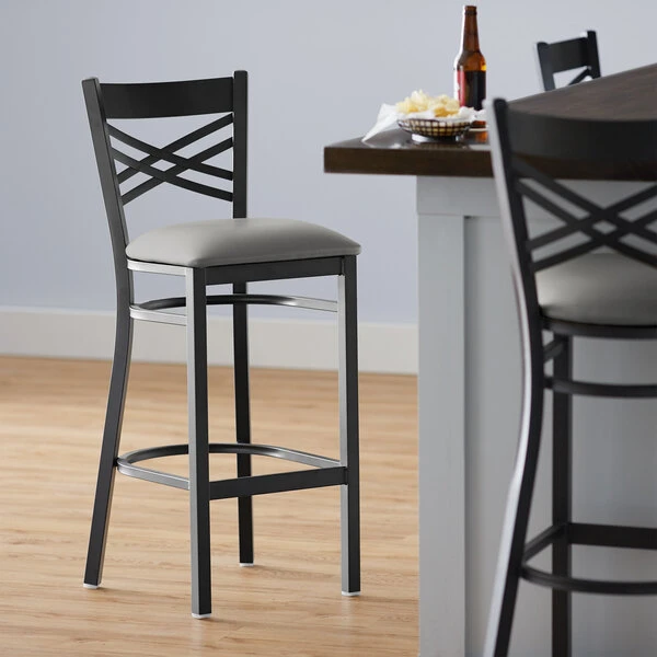 Lancaster Table & Seating Black Finish Cross Back Bar Stool With 2 1/2" Light Gray Vinyl Padded Seat 1 Lancaster Table & Seating Black Finish Cross Back Bar Stool With 2 1/2" Light Gray Vinyl Padded Seat