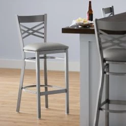 Lancaster Table & Seating Clear Coat Finish Cross Back Bar Stool With 2 1/2" Light Gray Vinyl Padded Seat