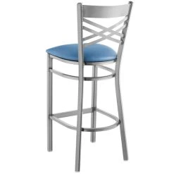 Lancaster Table & Seating Clear Coat Finish Cross Back Bar Stool With 2 1/2" Blue Vinyl Padded Seat -Zown Shop 2297028