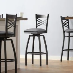 Lancaster Table & Seating Black Finish Cross Back Swivel Bar Stool With 2 1/2" Dark Gray Vinyl Padded Seat
