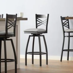 Lancaster Table & Seating Black Finish Cross Back Swivel Bar Stool With 2 1/2" Light Gray Vinyl Padded Seat