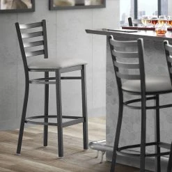 Lancaster Table & Seating Black Finish Ladder Back Bar Stool With 2 1/2" Light Gray Vinyl Padded Seat