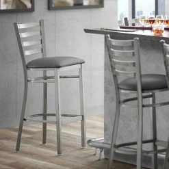 Lancaster Table & Seating Clear Coat Finish Ladder Back Bar Stool With 2 1/2" Dark Gray Vinyl Padded Seat