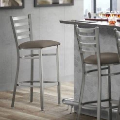 Lancaster Table & Seating Clear Coat Finish Ladder Back Bar Stool With 2 1/2" Taupe Vinyl Padded Seat