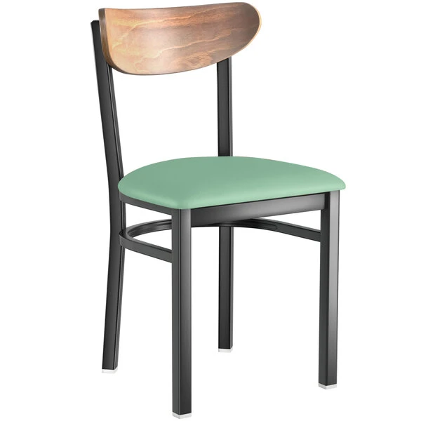 LT&S Boomerang Series Lancaster Table & Seating Boomerang Black Finish Chair With 2 1/2" Seafoam Vinyl Padded Seat And Vintage Wood Back 2 LT&S Boomerang Series Lancaster Table & Seating Boomerang Black Finish Chair With 2 1/2" Seafoam Vinyl Padded Seat And Vintage Wood Back - Image 2
