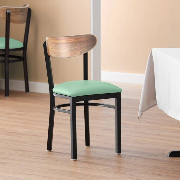 LT&S Boomerang Series Lancaster Table & Seating Boomerang Black Finish Chair With 2 1/2" Seafoam Vinyl Padded Seat And Vintage Wood Back 1 LT&S Boomerang Series Lancaster Table & Seating Boomerang Black Finish Chair With 2 1/2" Seafoam Vinyl Padded Seat And Vintage Wood Back