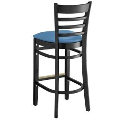 Lancaster Table & Seating Black Finish Wooden Ladder Back Bar Height Chair With Blue Padded Seat -Zown Shop 2297185