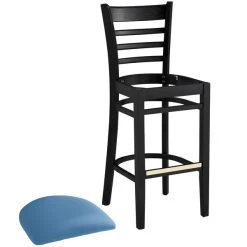 Lancaster Table & Seating Black Finish Wooden Ladder Back Bar Height Chair With Blue Padded Seat -Zown Shop 2297186