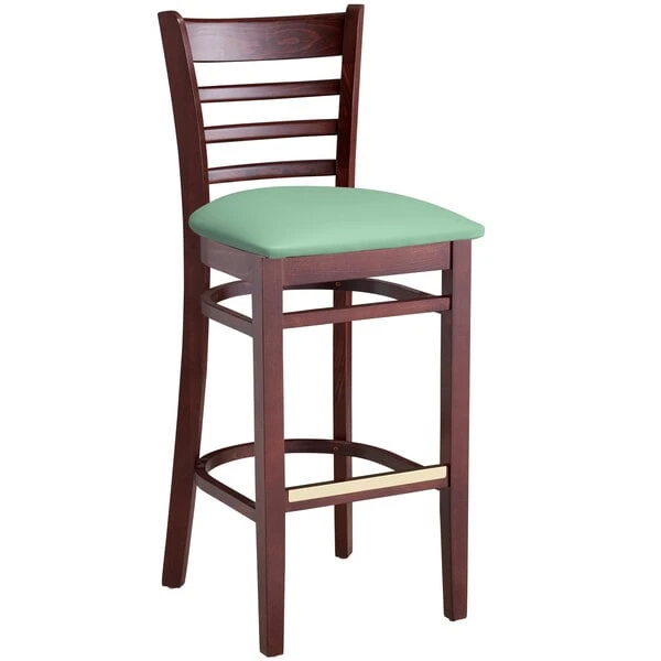 Lancaster Table & Seating Mahogany Finish Wooden Ladder Back Bar Height Chair With Seafoam Padded Seat 2 Lancaster Table & Seating Mahogany Finish Wooden Ladder Back Bar Height Chair With Seafoam Padded Seat - Image 2