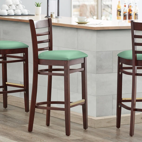 Lancaster Table & Seating Mahogany Finish Wooden Ladder Back Bar Height Chair With Seafoam Padded Seat 1 Lancaster Table & Seating Mahogany Finish Wooden Ladder Back Bar Height Chair With Seafoam Padded Seat