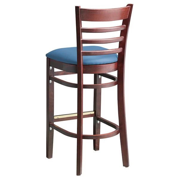 Lancaster Table & Seating Mahogany Finish Wooden Ladder Back Bar Height Chair With Blue Padded Seat 3 Lancaster Table & Seating Mahogany Finish Wooden Ladder Back Bar Height Chair With Blue Padded Seat - Image 3