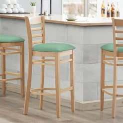 Lancaster Table & Seating Natural Finish Wooden Ladder Back Bar Height Chair With Seafoam Padded Seat