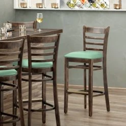 Lancaster Table & Seating Vintage Finish Wooden Ladder Back Bar Height Chair With Seafoam Padded Seat