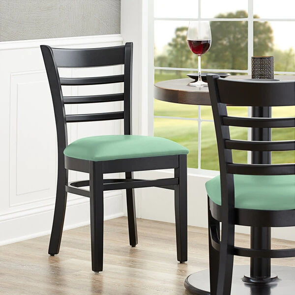 Lancaster Table & Seating Black Finish Wooden Ladder Back Chair With Seafoam Padded Seat 1 Lancaster Table & Seating Black Finish Wooden Ladder Back Chair With Seafoam Padded Seat