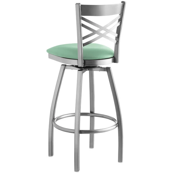 Lancaster Table & Seating Clear Coat Finish Cross Back Swivel Bar Stool With 2 1/2" Seafoam Vinyl Padded Seat 3 Lancaster Table & Seating Clear Coat Finish Cross Back Swivel Bar Stool With 2 1/2" Seafoam Vinyl Padded Seat - Image 3