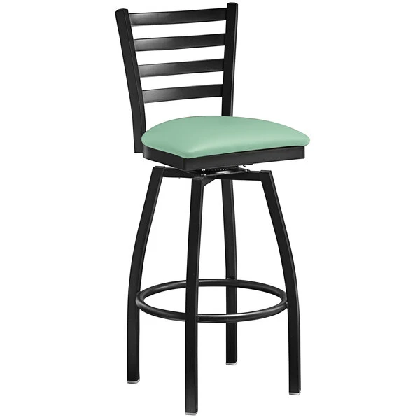 Lancaster Table & Seating Black Finish Ladder Back Swivel Bar Stool With 2 1/2" Seafoam Vinyl Padded Seat 2 Lancaster Table & Seating Black Finish Ladder Back Swivel Bar Stool With 2 1/2" Seafoam Vinyl Padded Seat - Image 2