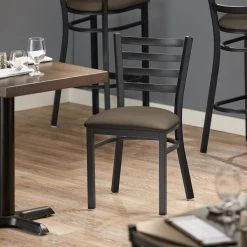 Lancaster Table & Seating Black Finish Ladder Back Chair With 2 1/2" Taupe Vinyl Padded Seat